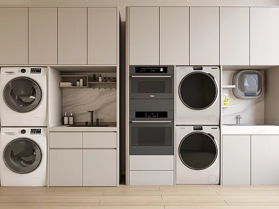 Modern Laundry Room Storage Cabinets With Washing Machines Dryers Sink And Countertops 3d model