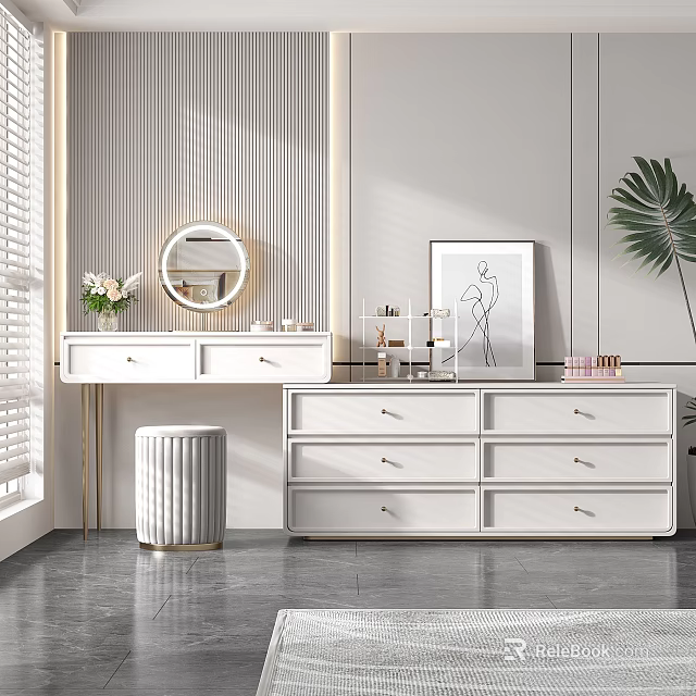 Modern White Dressing Table With Round Mirror Drawers Stool And Green Plant In Bright Room 3d model 