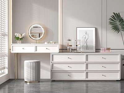 Modern White Dressing Table With Round Mirror Drawers Stool And Green Plant In Bright Room 3d model