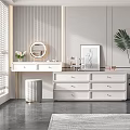 Modern White Dressing Table With Round Mirror Drawers Stool And Green Plant In Bright Room