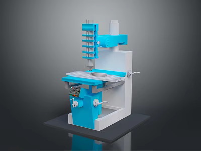 Blue And White Industrial Machine With Worktable And Mechanical Parts On Black Base 3d model