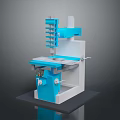 Blue And White Industrial Machine With Worktable And Mechanical Parts On Black Base
