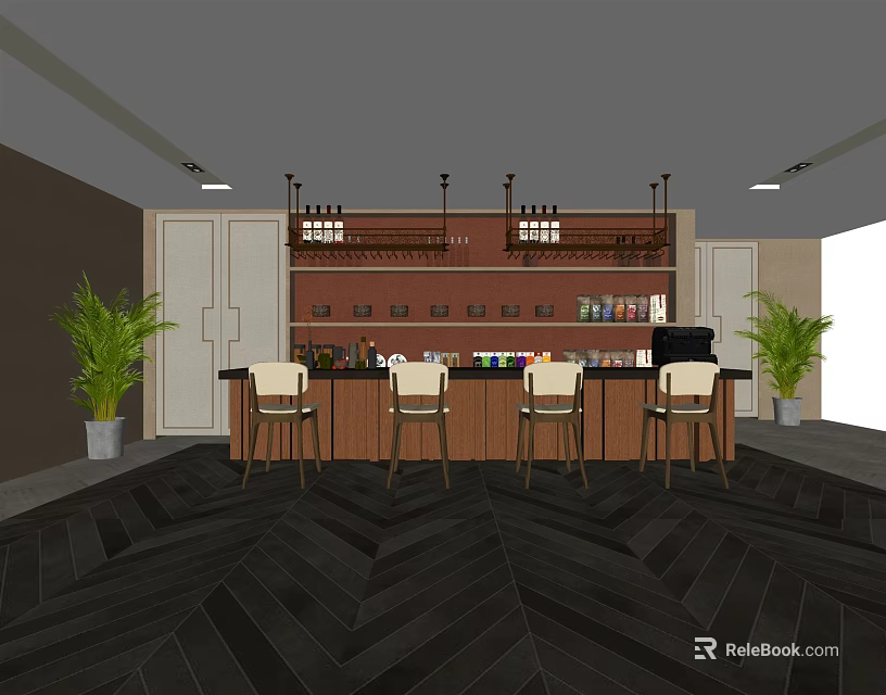 Modern Bar Interior With Wine Rack Bar Stools Green Plants And Herringbone Flooring 3d model 