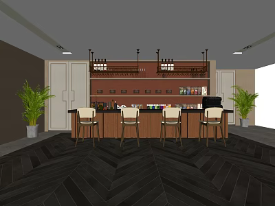 Modern Bar Interior With Wine Rack Bar Stools Green Plants And Herringbone Flooring 3d model