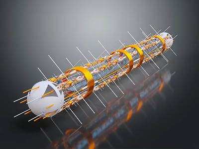 Cartoon Scene Of Futuristic Cylindrical Structure With Orange Rings White Spheres And Slender Rods 3d model