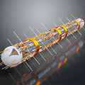Cartoon Scene Of Futuristic Cylindrical Structure With Orange Rings White Spheres And Slender Rods