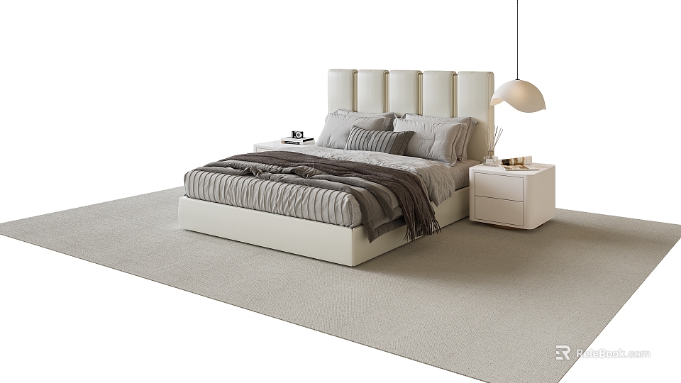 Modern Double Bed With Upholstered Headboard Striped Bedding Nightstand And Pendant Lamp On Area Rug 3d model 