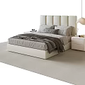Modern Double Bed With Upholstered Headboard Striped Bedding Nightstand And Pendant Lamp On Area Rug