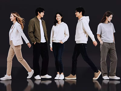 Group of People Walking Together in Casual Outfits on Dark Background 3d model
