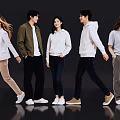 Group of People Walking Together in Casual Outfits on Dark Background