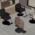 Different Styles Of Barber Chairs In Modern Salon Interior With Wooden Shelves And Window Blinds