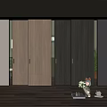Modern Interior Design With Multicolor Wooden And Glass Sliding Doors Wooden Floor And Decorative Vases