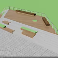 Outdoor Landscape With Wooden Platform White Railings Gray Tiled Steps Green Sections And Benches