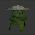 Green Mossy Ancient Stone Lantern Featuring Pagoda Style Roof And Square Windows On Legged Base