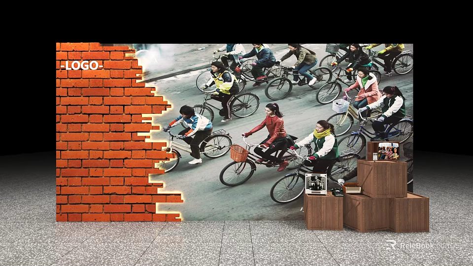 Check in Scene With Brick Wall People Riding Bicycles On Street And Wooden Boxes With 3d model 