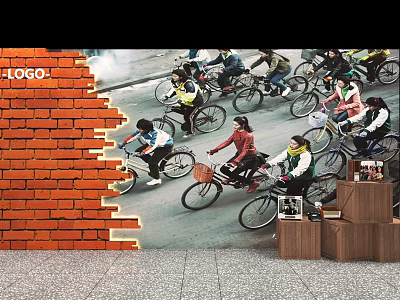 Check in Scene With Brick Wall People Riding Bicycles On Street And Wooden Boxes With 3d model