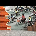 Check in Scene With Brick Wall People Riding Bicycles On Street And Wooden Boxes With