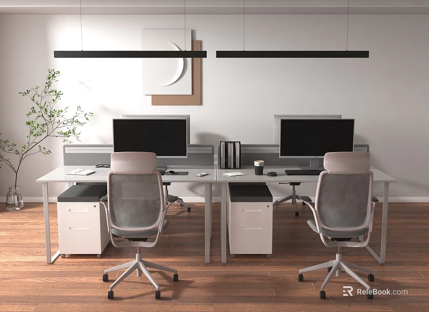 Modern Office Desk Setup With Dual Monitors Ergonomic Chairs Hanging Lights And Green Plant 3d model 