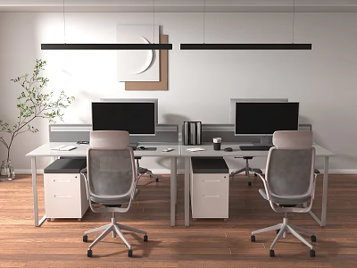 Modern Office Desk Setup With Dual Monitors Ergonomic Chairs Hanging Lights And Green Plant 3d model