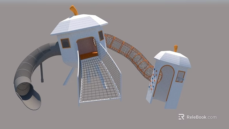 Outdoor Playground Equipment with White Towers Orange Accents Net Climbing Bridge and Slide 3d model 