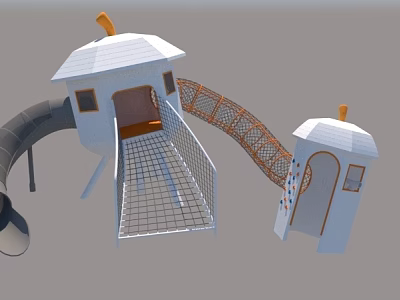 Outdoor Playground Equipment with White Towers Orange Accents Net Climbing Bridge and Slide 3d model
