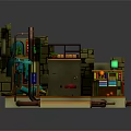 Cartoon Room Scene With Stone Walls Bookshelves Red Bed Blue Machine TV And Green Rug