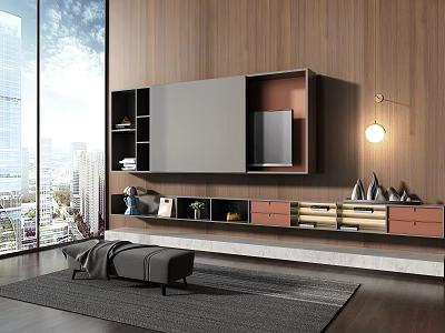 Modern TV Wall Unit With Wooden Wall Storage Shelves TV And Decorative Items In Living Room 3d model
