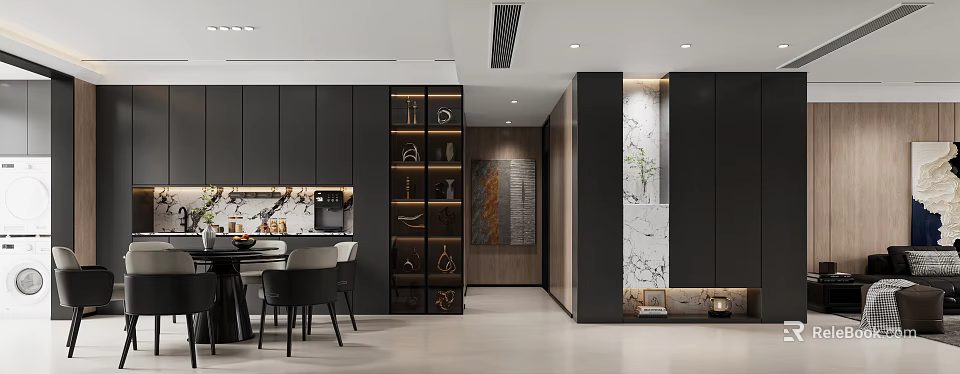 Modern Dining and Living Room Interior With Dark Cabinets Marble Accents And Dining Table 3d model 