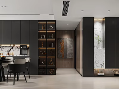 Modern Dining and Living Room Interior With Dark Cabinets Marble Accents And Dining Table 3d model