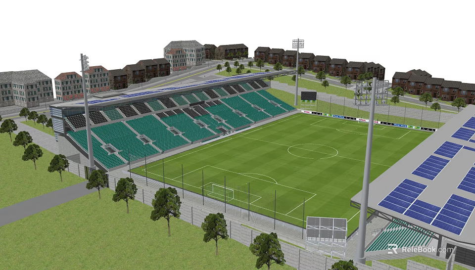 Modern Football Stadium with Green Stands Green Pitch Solar Panels Trees and Surrounding Buildings 3d model 