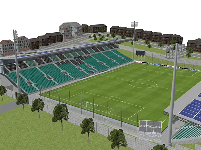Modern Football Stadium with Green Stands Green Pitch Solar Panels Trees and Surrounding Buildings 3d model