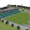 Modern Football Stadium with Green Stands Green Pitch Solar Panels Trees and Surrounding Buildings