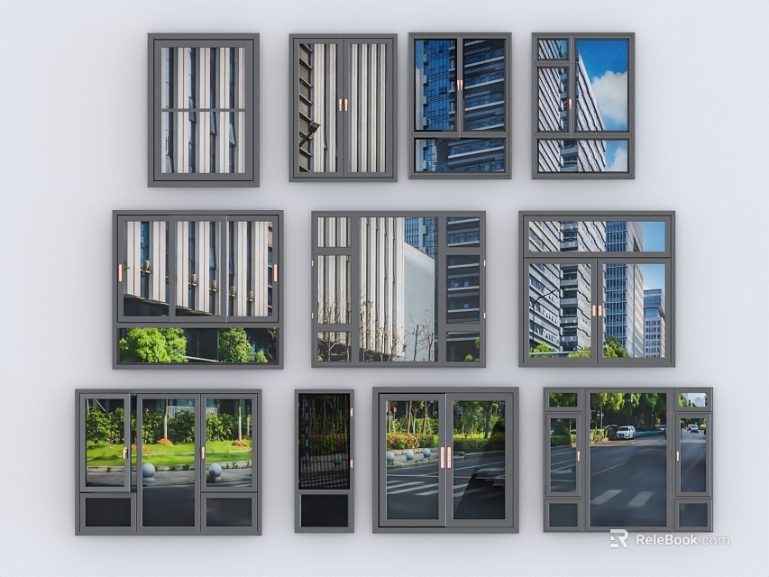 Different Casement Windows Styles Featuring Exterior Building Tree And Street Views 3d model 