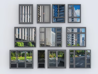 Different Casement Windows Styles Featuring Exterior Building Tree And Street Views 3d model