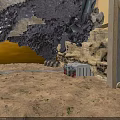 Basement Cave Interior With Sandy Ground White Containers Pipes Black Debris And Brick Walls