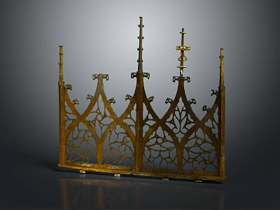 Scenic Landscape With Golden Gothic Metal Screen Featuring Intricate Patterns And Cross 3d model
