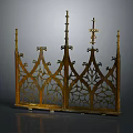 Scenic Landscape With Golden Gothic Metal Screen Featuring Intricate Patterns And Cross