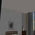 Modern Wooden Double Bed With Upholstered Headboard Nightstands Abstract Painting And Marble Wall