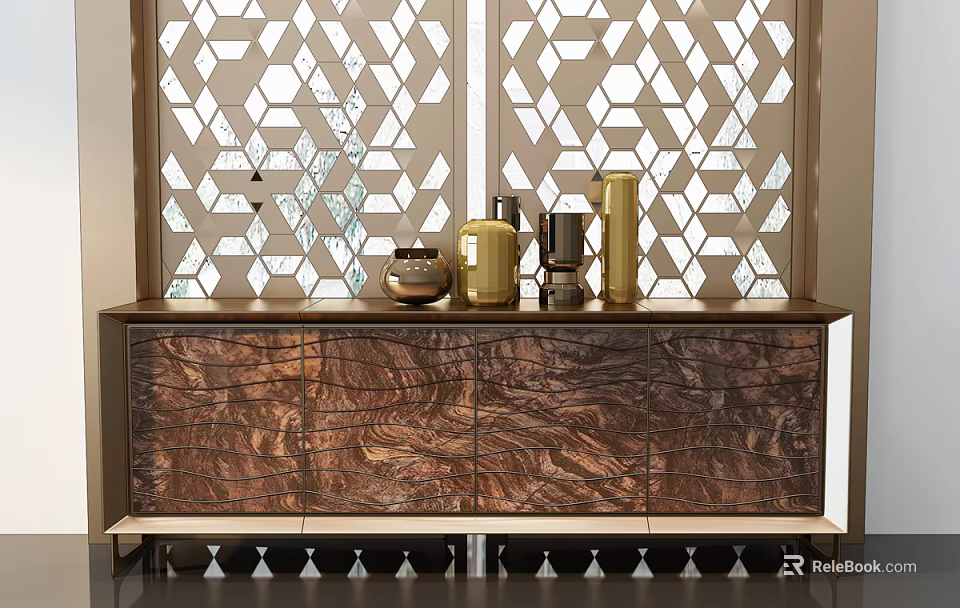 Stylish Textured Wooden TV Stand With Geometric Pattern Backdrop And Golden Decorative Vases On Top 3d model 