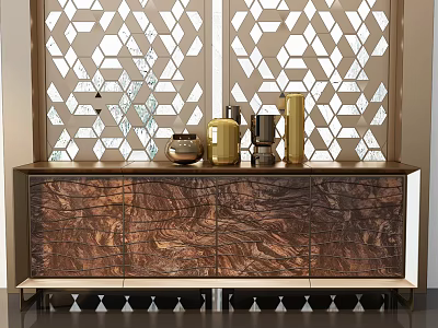 Stylish Textured Wooden TV Stand With Geometric Pattern Backdrop And Golden Decorative Vases On Top 3d model