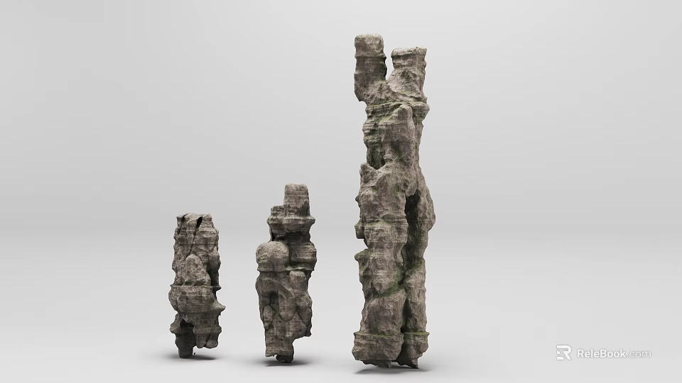 Rugged Stone Wood Decorative Pillars In Three Different Sizes And Textures 3d model