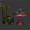 Vintage Wooden Chair And Round Table Setup With Teapot Teacup And Metal Accents
