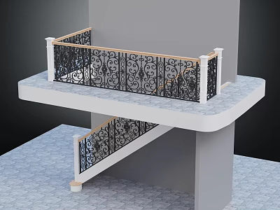 Modern Staircase Railing Design With Wrought Iron Patterns And Wooden Trim 3d model