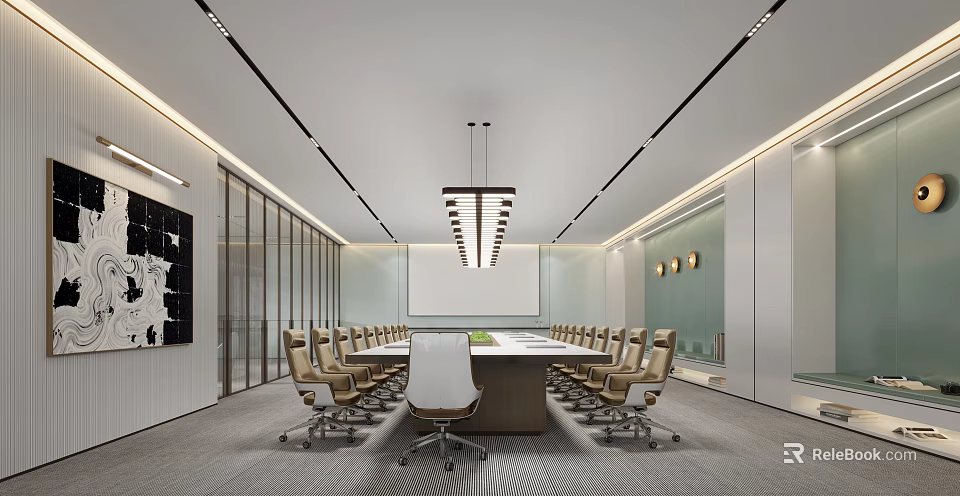 Modern Conference Room Interior Design With Long Table Leather Chairs And Pendant Lights 3d model 