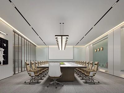 Modern Conference Room Interior Design With Long Table Leather Chairs And Pendant Lights 3d model