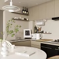 Modern Kitchen Interior With Cabinets Shelves Wine Bottles Sink And White Kettle