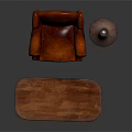 Red Leather Tufted Armchair With Wooden Coffee Table And Floor Lamp