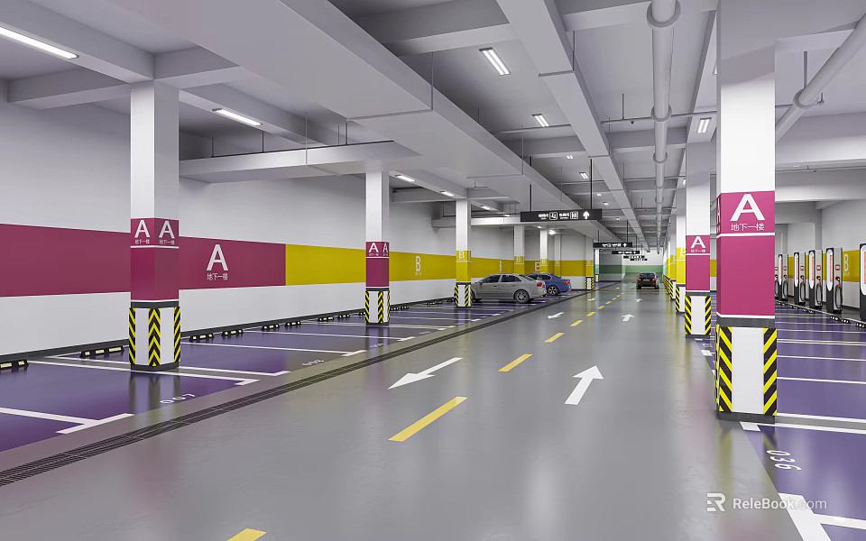 Modern Indoor Parking Garage With A Markers Pink Yellow Stripes And Floor Arrows 3d model 