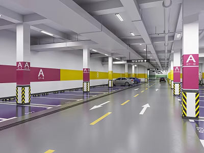 Modern Indoor Parking Garage With A Markers Pink Yellow Stripes And Floor Arrows 3d model