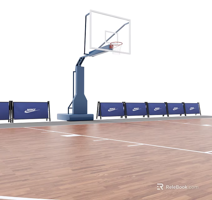 Nike Sports Equipment Including Basketball Hoop And Protective Barriers On Wooden Court 3d model 